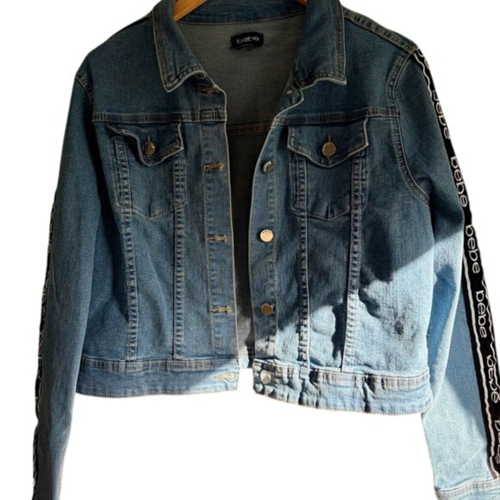 Bebe Women‎ Denim Jacket Blue Logo Tape Sleeve Size L